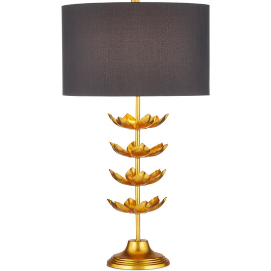 Awakening Table Lamp by Currey and Company in gold leaf. Made from metal in a modern style.