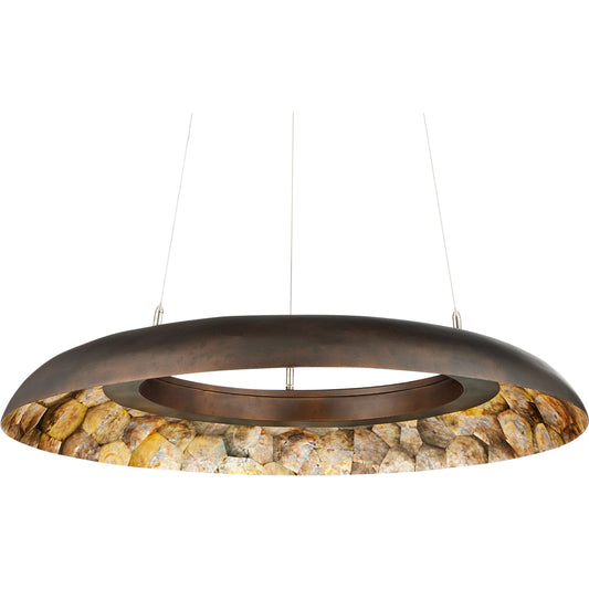 Tairagai Chandelier by Currey and Company in natural, bronze gold. Made from laminated shell, wrought iron in a modern style.