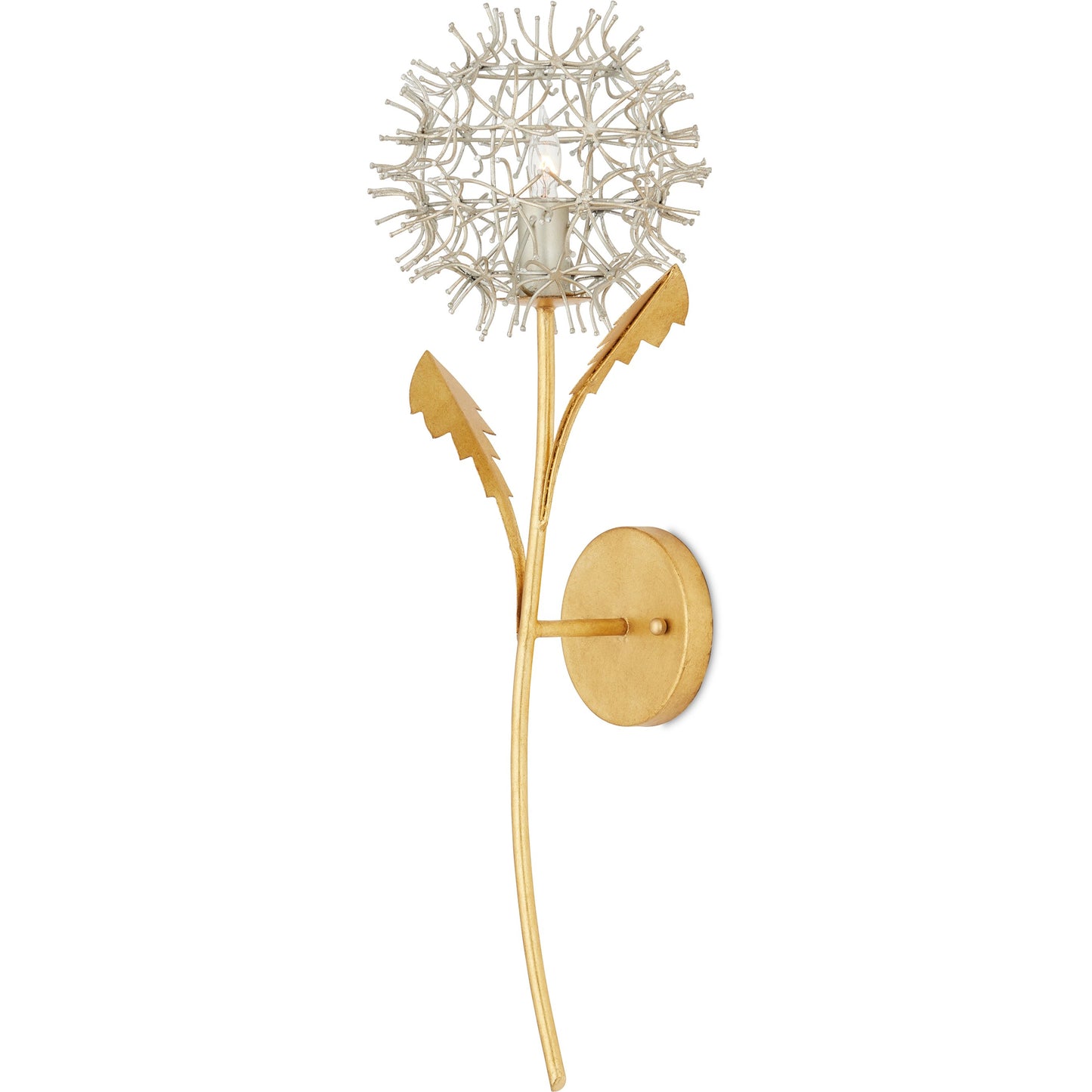 001 SI-2133897 | Primary Silo | Dandelion Wall Sconce by Currey and Company in contemporary silver leaf, silver, contemporary gold leaf. Made from wrought iron in a modern style.