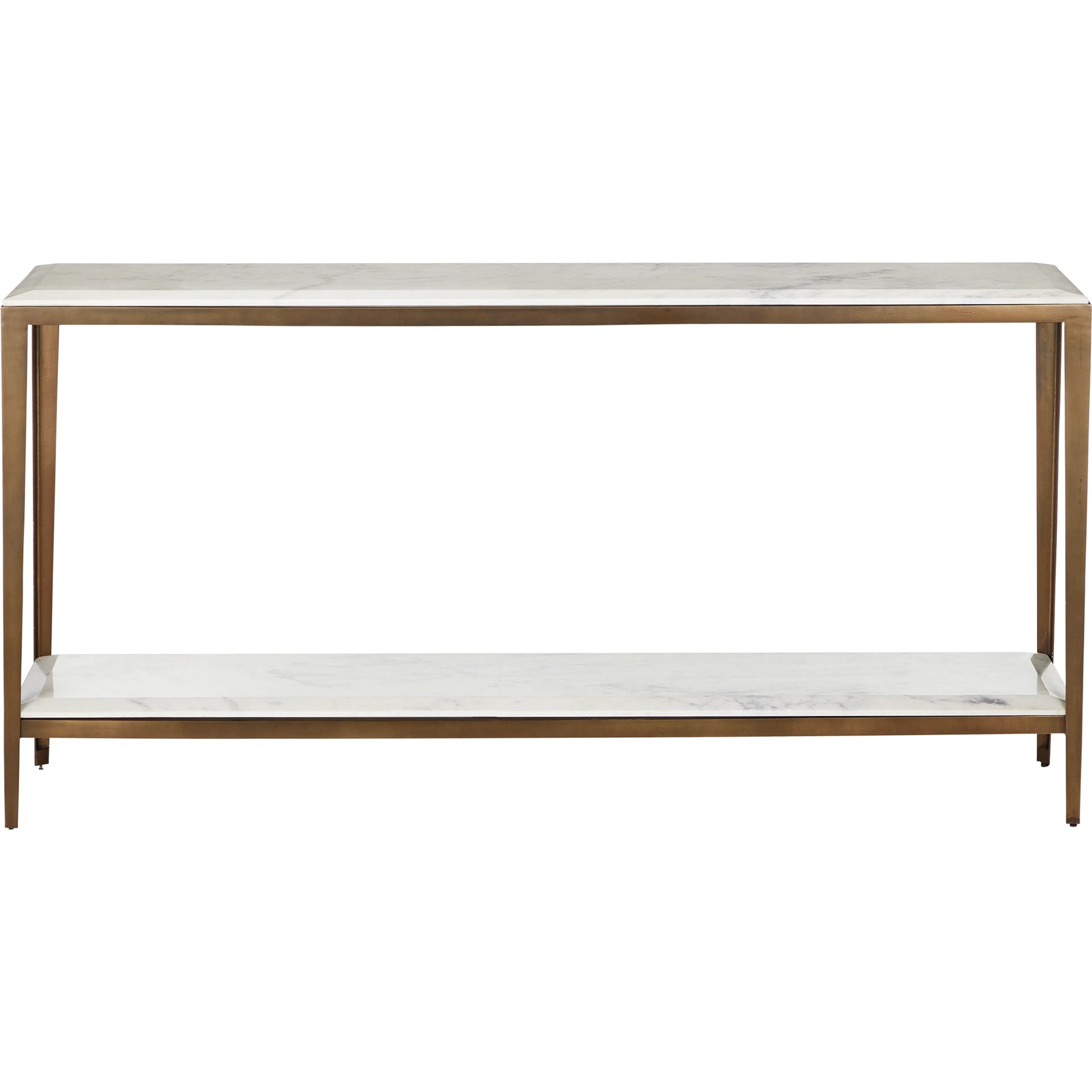Oblique Marble Console Table by Currey and Company in natural, antique brass. Made from white lilac marble, iron, engineered wood in a modern style.