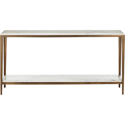 Oblique Marble Console Table by Currey and Company in natural, antique brass. Made from white lilac marble, iron, engineered wood in a modern style.