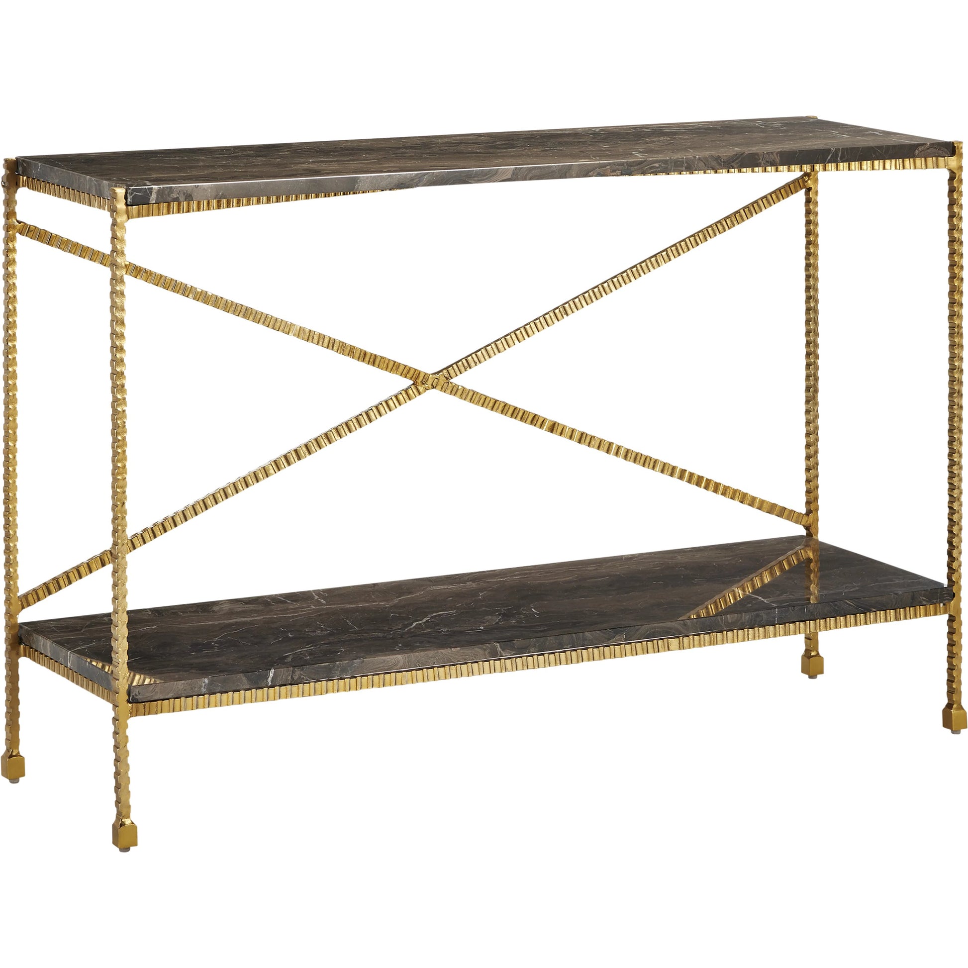 Flying Console Table by Currey and Company in natural, gold. Made from cappuccino stone, iron in a modern style.