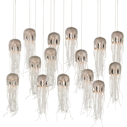 Medusa Rectangular 15-LIGHT Multi-Drop Pendant by Currey and Company in nickel, silver. Made from nickel, steel, glass in a modern style.