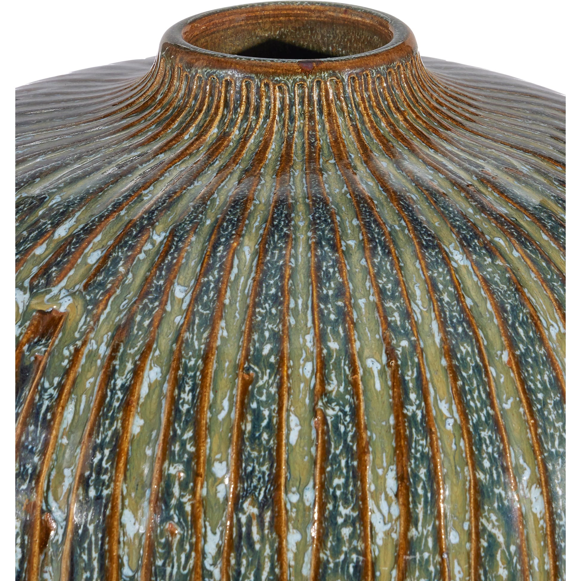 Shoulder Vase by Currey and Company in reactive blue, brown. Made from ceramic in a modern style.