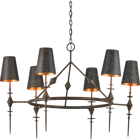 Anselm Chandelier by Currey and Company in verde bronze, contemporary gold. Made from wrought iron in a unique style.