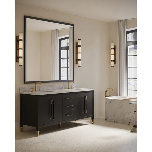 Verona 72" Vanity with Undermount Sink by Currey and Company in black, natural, white, champagne. Made from lacquered linen, mahogany, engineered wood, carrara marble, vitreous china, metal in a modern style.