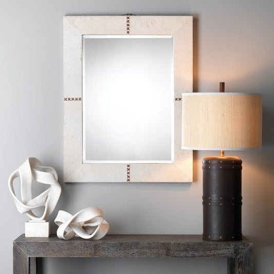 Barrel Table Lamp by Jamie Young in vintage leather. Made from leather in a modern style.