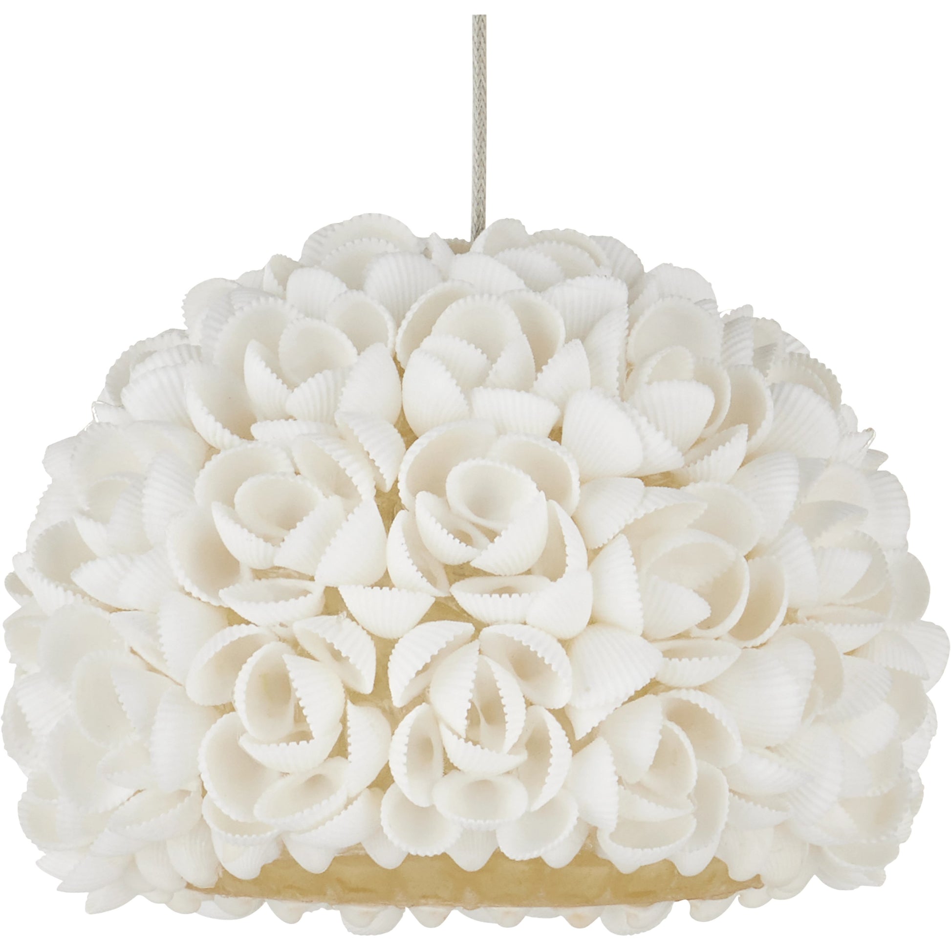 Virtu 15-Light Round Multi-Drop Pendant by Currey and Company in natural, silver. Made from clamrose shell, metal, composite in a modern style.