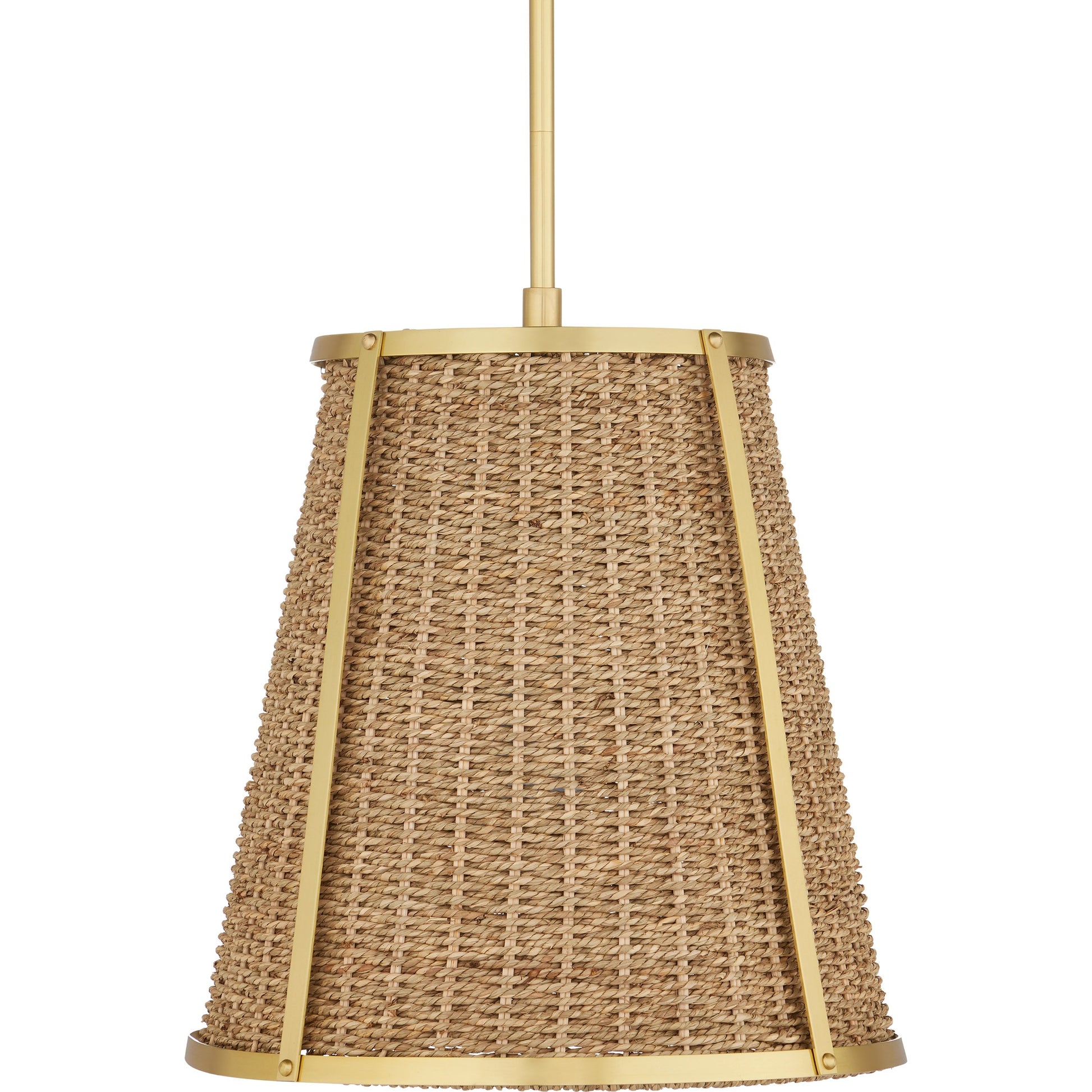 Deauville Pendant by Currey and Company in natural, polished brass. Made from seagrass, metal in a cottage & farmhouse style.