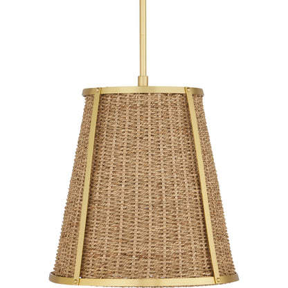 Deauville Pendant by Currey and Company in natural, polished brass. Made from seagrass, metal in a cottage & farmhouse style.