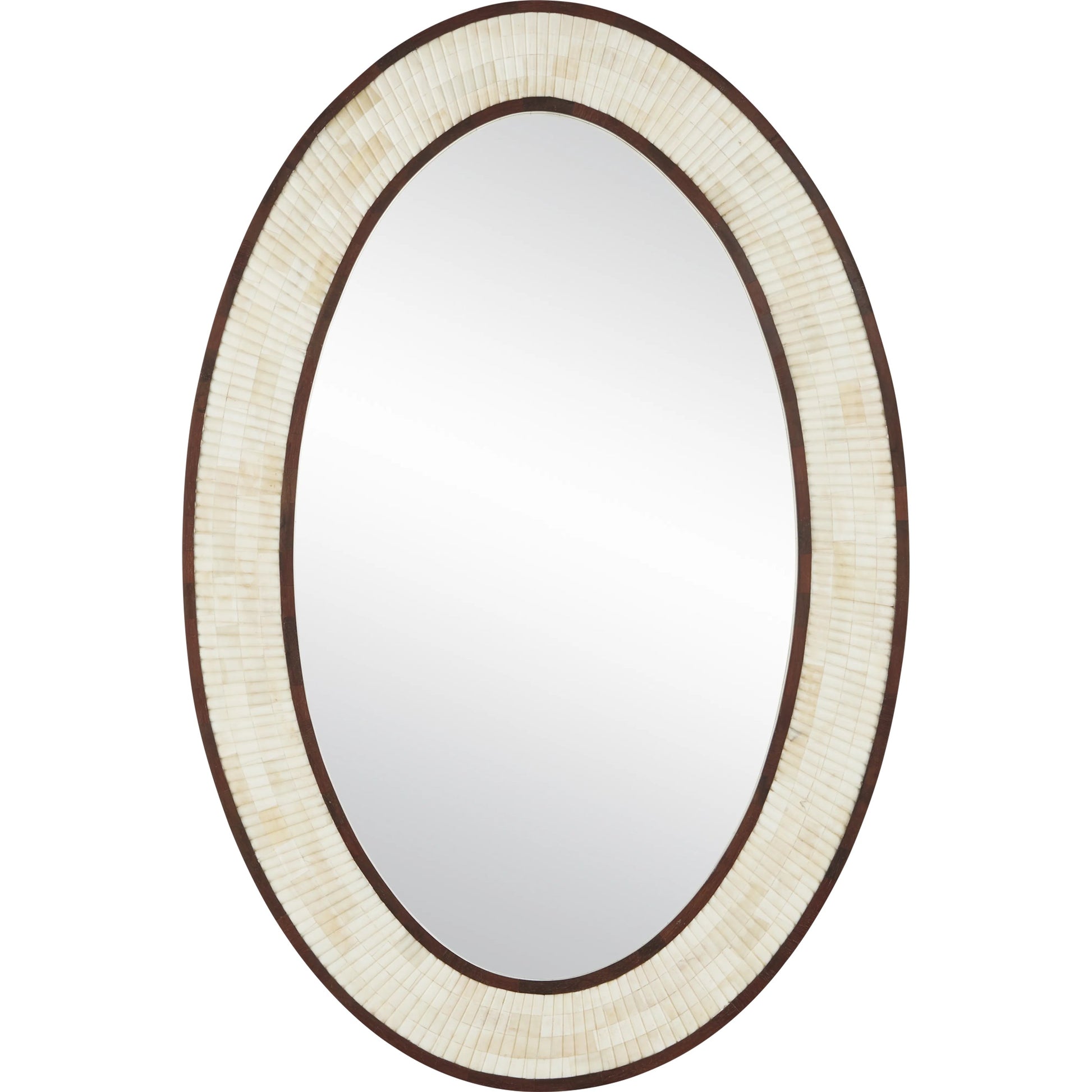 Andar Oval Mirror by Currey and Company in natural, dark walnut, mirror. Made from bone, wood, engineered hardwood, glass in a modern style.