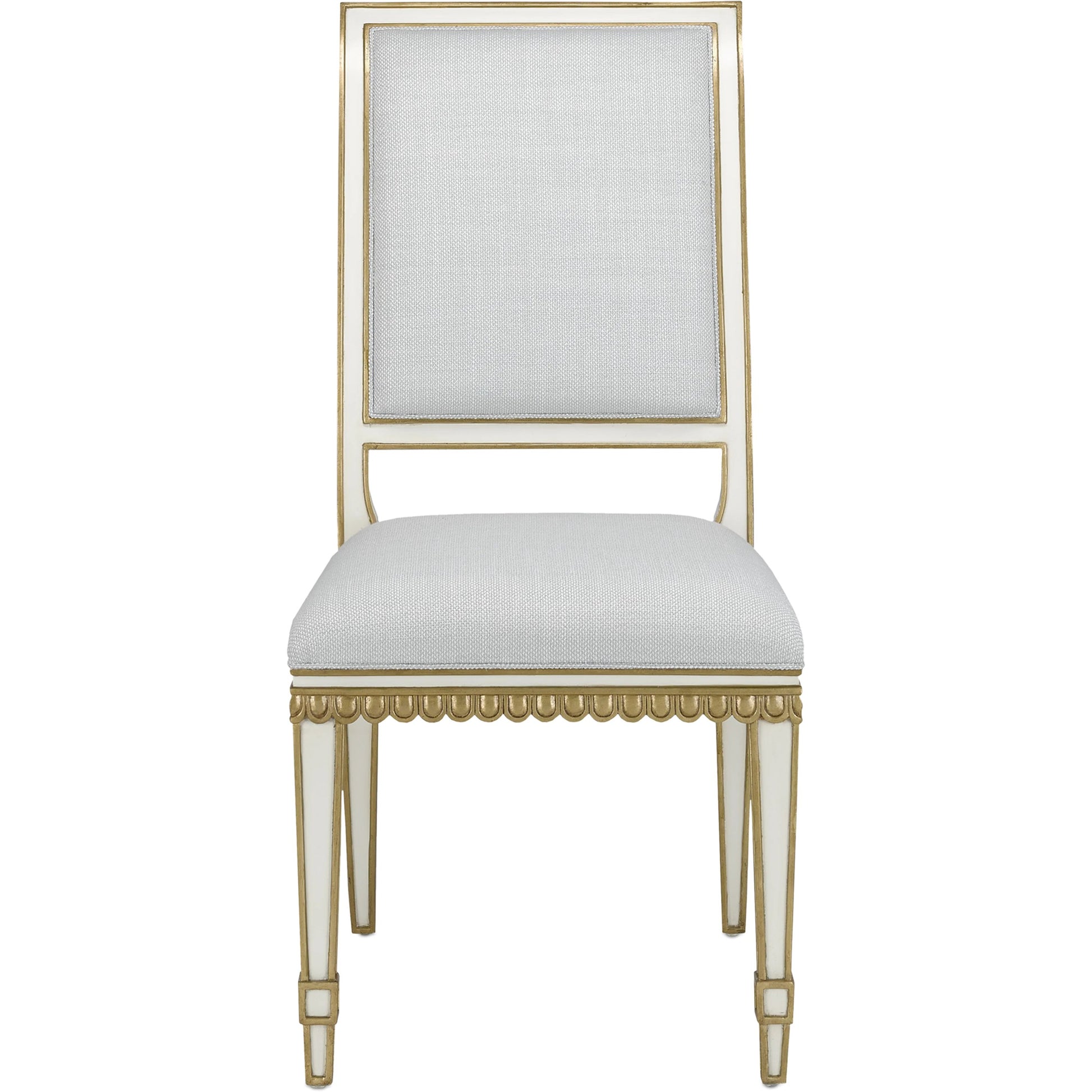Ines Chair by Currey and Company in mixology moonstone and ivory, antique gold. Made from mahogany in a transitional style.