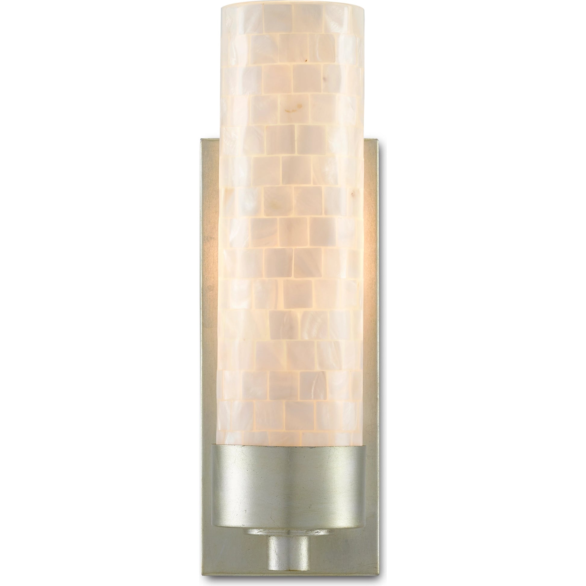 Abadan Wall Sconce by Currey and Company in pearl, silver leaf. Made from mother of pearl, glass, metal in a coastal style.