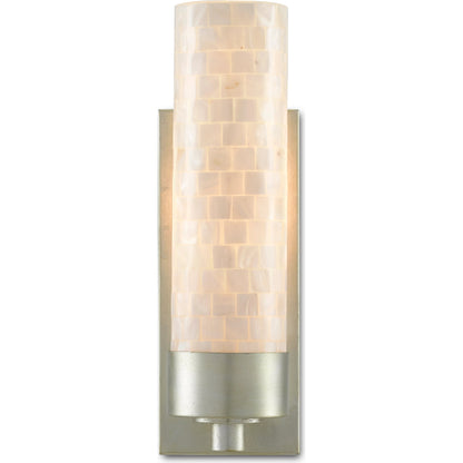 Abadan Wall Sconce by Currey and Company in pearl, silver leaf. Made from mother of pearl, glass, metal in a coastal style.
