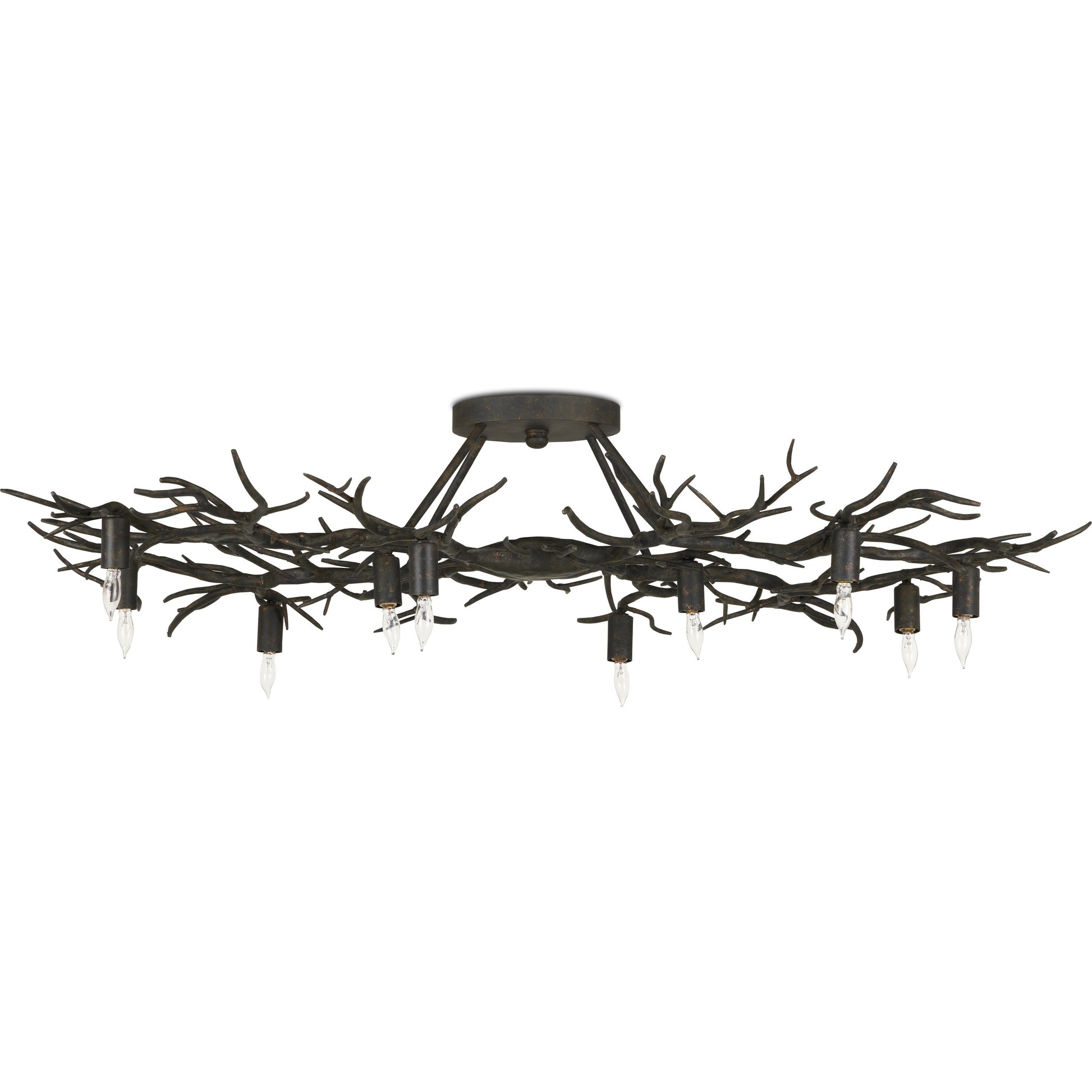 Rainforest Semi-Flush by Currey and Company in rustic bronze. Made from wrought iron in a modern style.
