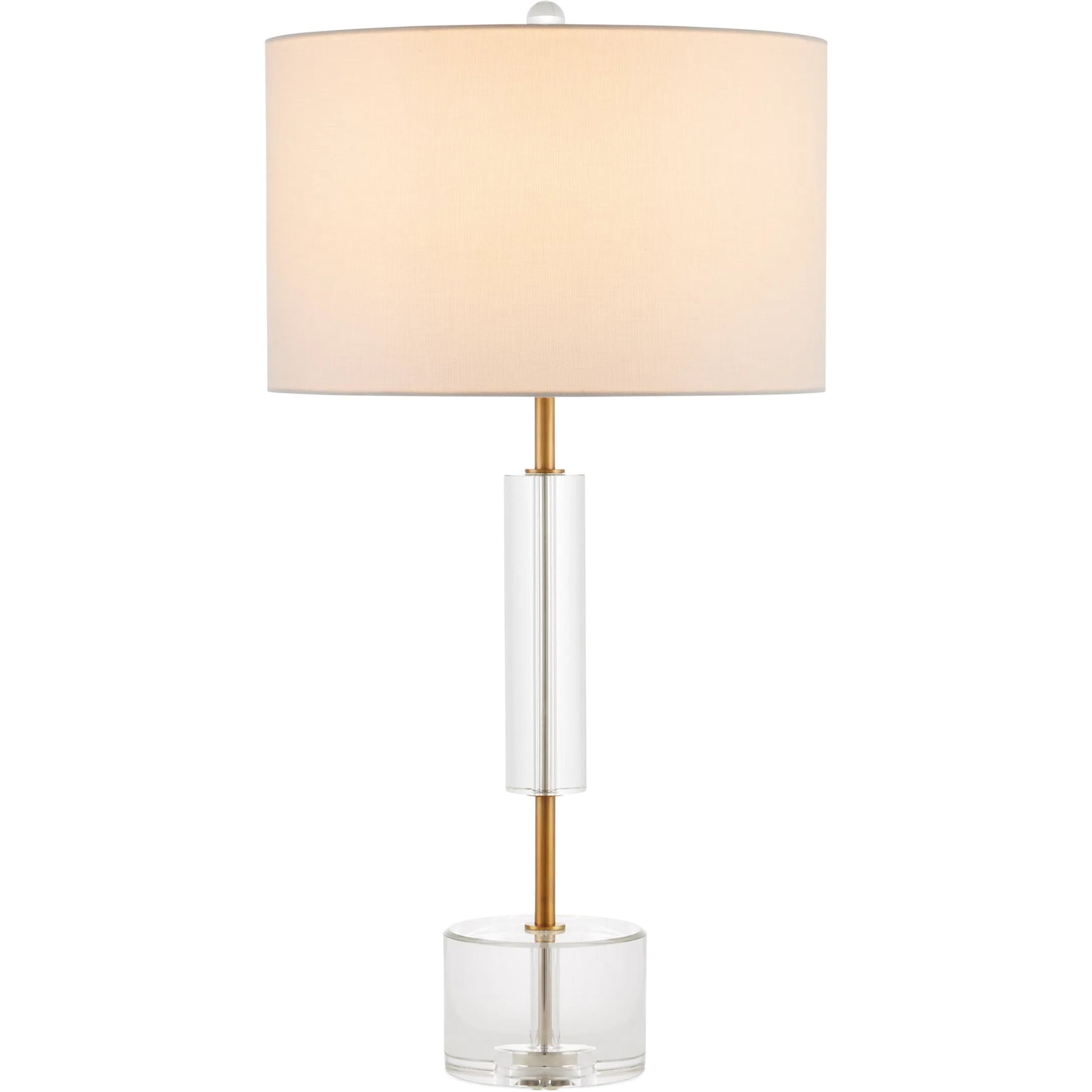 Deville Table Lamp by Currey and Company in clear, antique brass. Made from optic crystal, metal in a modern style.