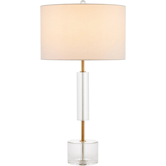 Deville Table Lamp by Currey and Company in clear, antique brass. Made from optic crystal, metal in a unique style.