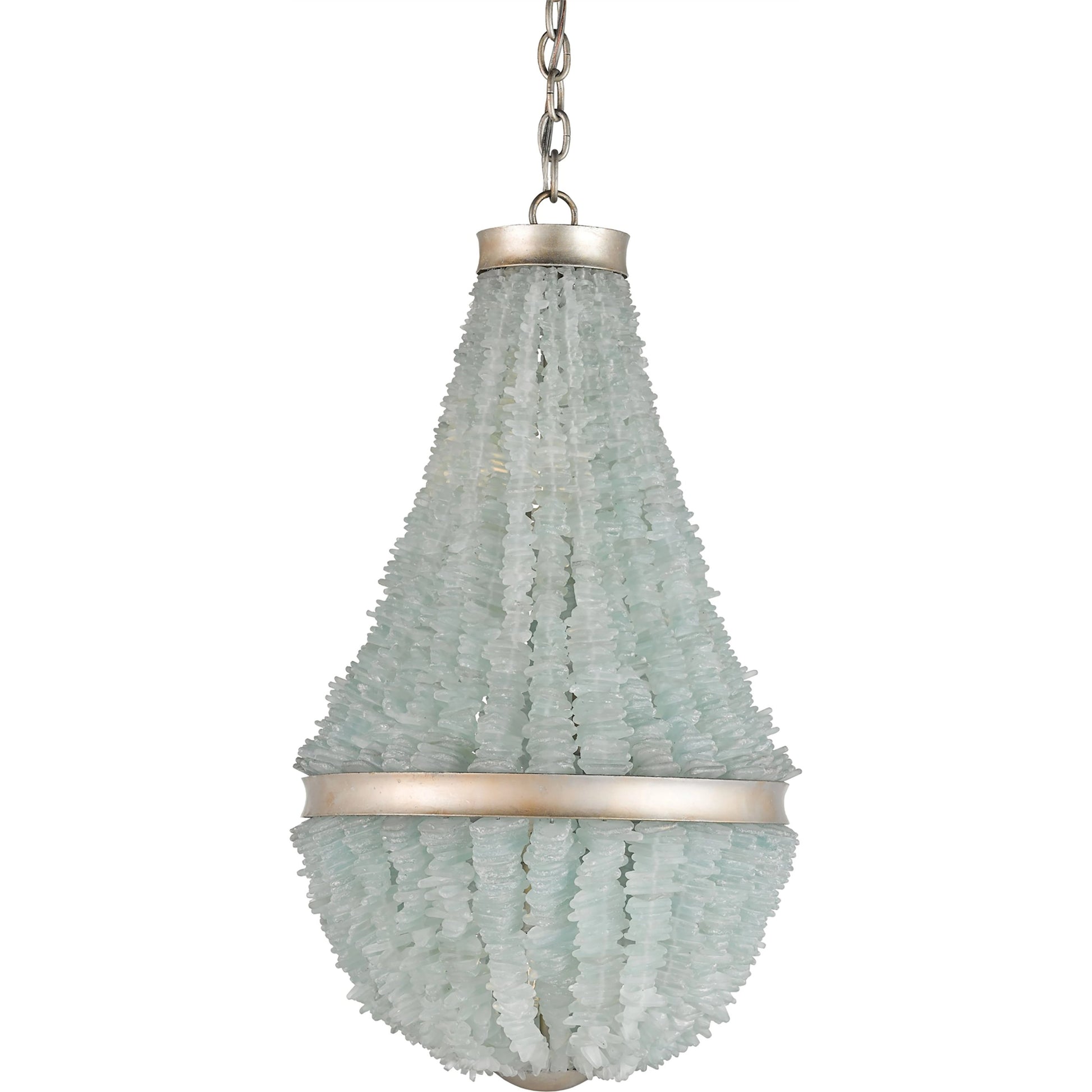 Platea Chandelier by Currey and Company in contemporary silver leaf, seaglass. Made from wrought iron, glass in a coastal style.