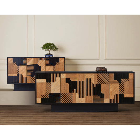 Memphis Credenza by Currey and Company in natural, espresso, polished brass. Made from oak, mindi, macassar ebony, mahogany, brass in a modern style.