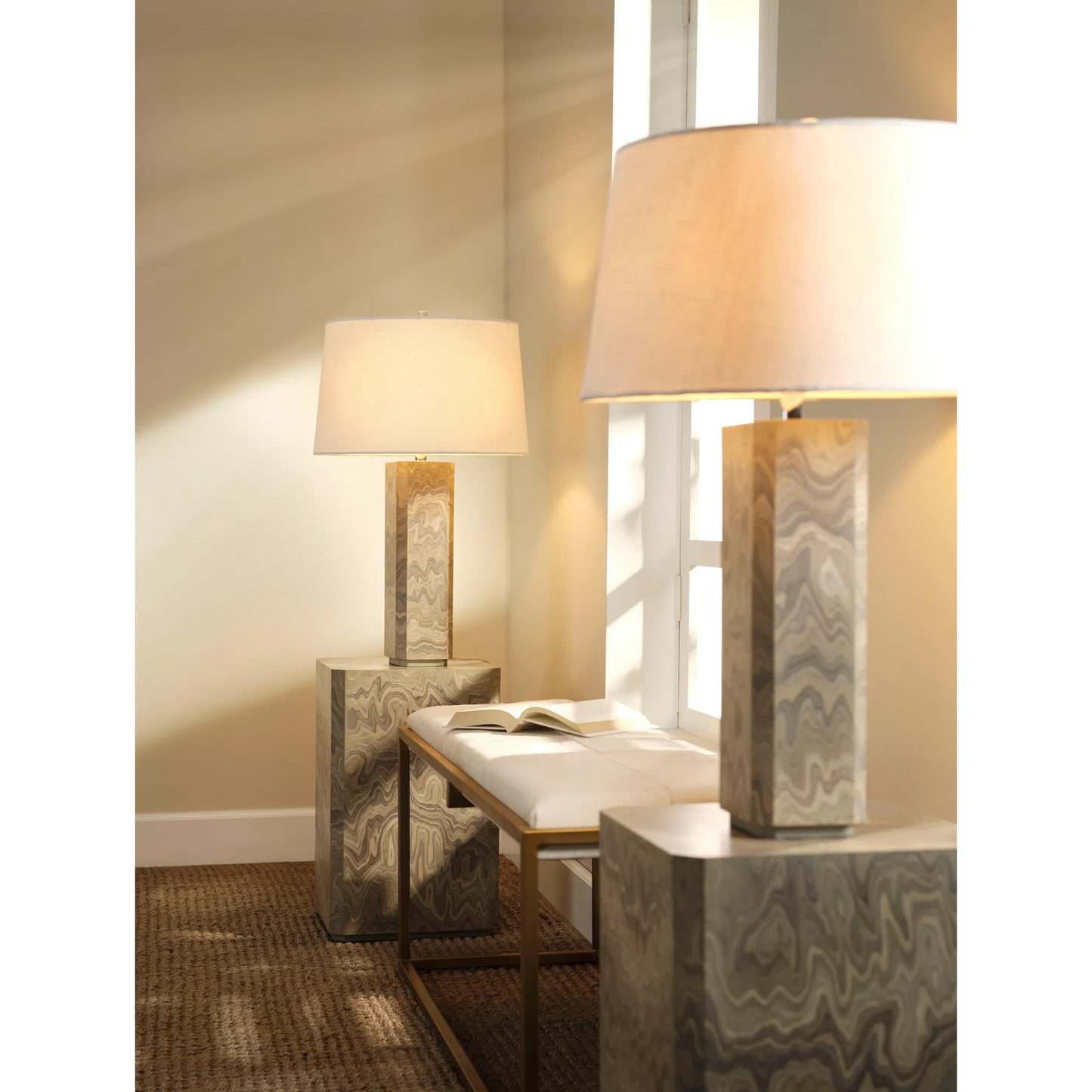002 SI-2537685 | Lifestyle | Canyon Table Lamp by Jamie Young in grey and sand grey. Made from wood in a unique style.