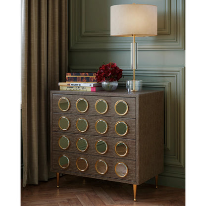 Deville Table Lamp by Currey and Company in clear, antique brass. Made from optic crystal, metal in a modern style.