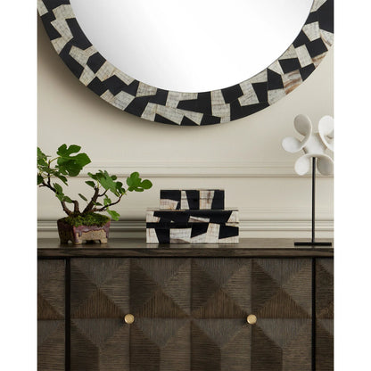 Bindu Box Set by Currey and Company in natural, black, linen. Made from chiseled horn, composite, linen, engineered hardwood in a modern style.