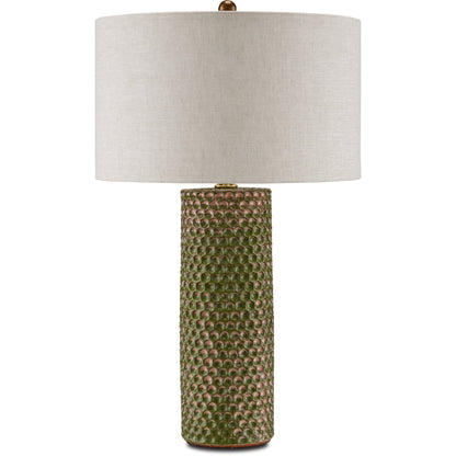 Polka Dot Table Lamp by Currey and Company in reactive blue, polished brass. Made from ceramic in a modern style.