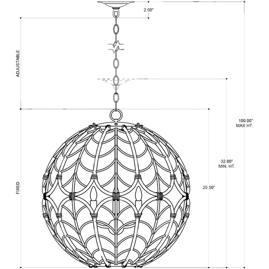 Cape Verde Orb Chandelier by Currey and Company in silver leaf, smokewood, natural. Made from wrought iron, rattan in a coastal style.