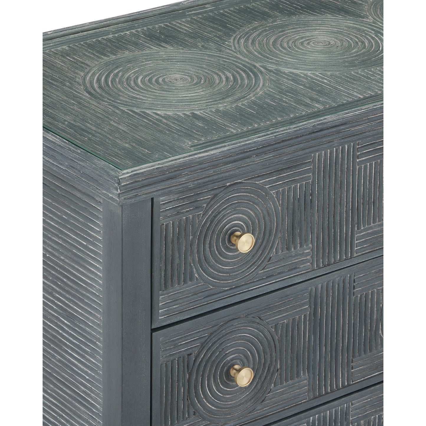 012 SI-2191834 | Closeup | Santos 3-Drawer Chest by Currey and Company. Made from rattan, mahogany, glass, brass in a modern style.