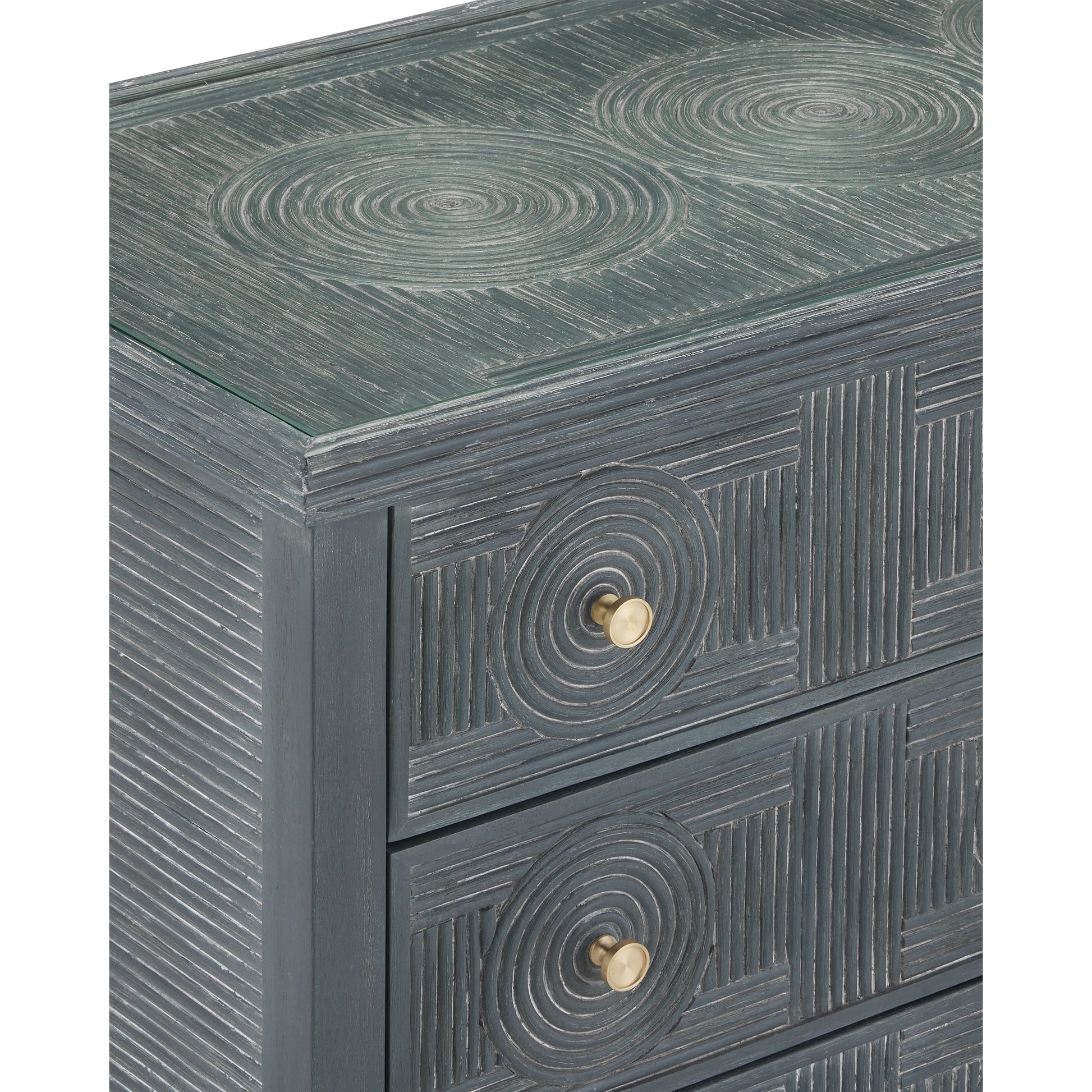 Santos 3-Drawer Chest by Currey and Company. Made from rattan, mahogany, glass, brass in a modern style.