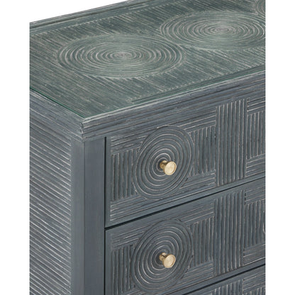 Santos 3-Drawer Chest by Currey and Company. Made from rattan, mahogany, glass, brass in a modern style.