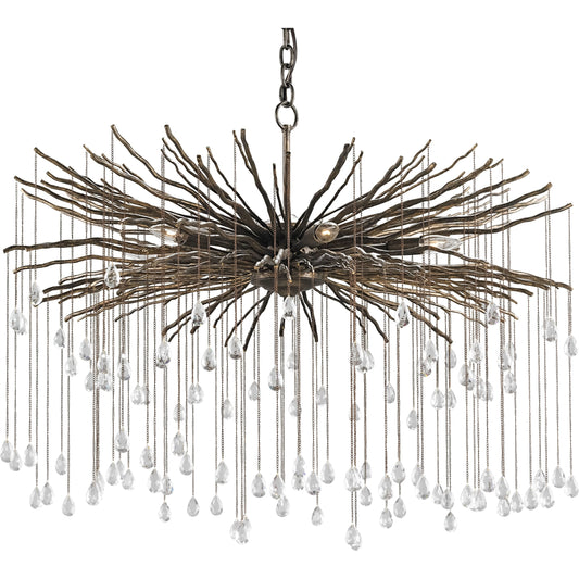 Fen Chandelier by Currey and Company in cupertino. Made from wrought iron, crystal in a eclectic & global style.