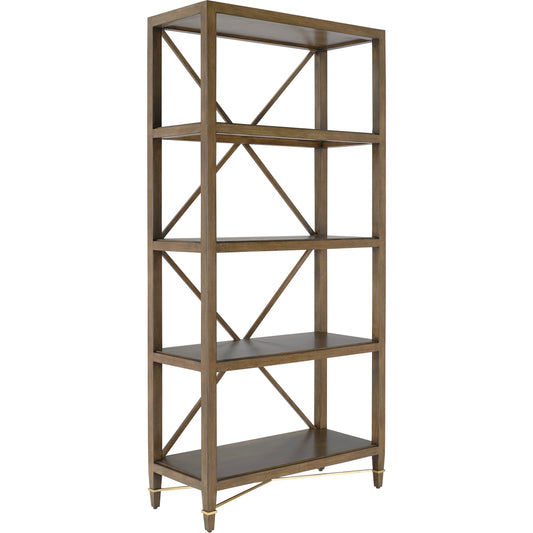 Verona Etagere by Currey and Company in chanterelle, champagne. Made from mahogany, iron in a transitional style.
