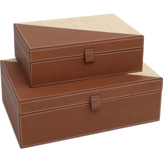 Leather Raffia Box Set by Currey and Company in brown, natural. Made from leather, raffia, engineered wood, suede in a traditional style.