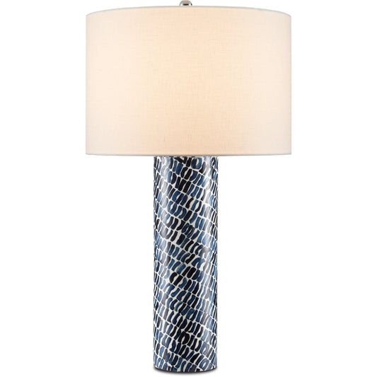 Indigo Table Lamp by Currey and Company in blue, white. Made from composite, wood, bone in a coastal style.