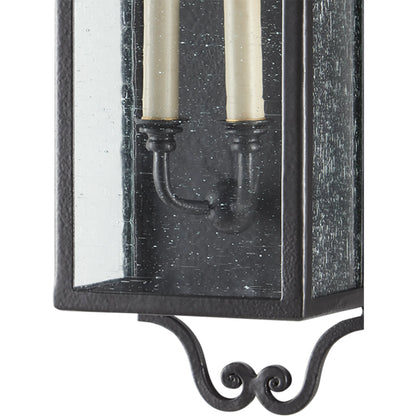 Giatti Outdoor Wall Sconce by Currey and Company in midnight (pure black). Made from wrought iron, glass in a traditional style.
