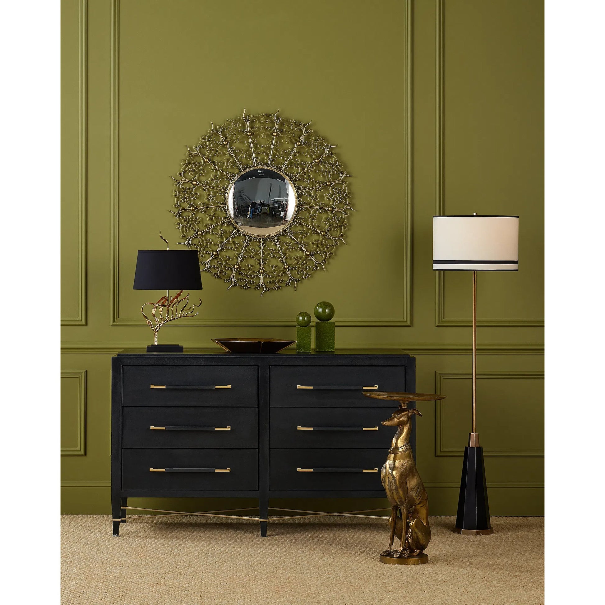 Verona Six-Drawer Chest by Currey and Company in black, natural, champagne, silver. Made from lacquered linen, mahogany, engineered wood, metal, faux velvet in a modern style.
