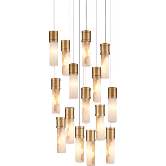 Cannula 15-Light Multi-Drop Pendant by Currey and Company in vintage brass, white, silver. Made from brass, alabaster in a modern style.