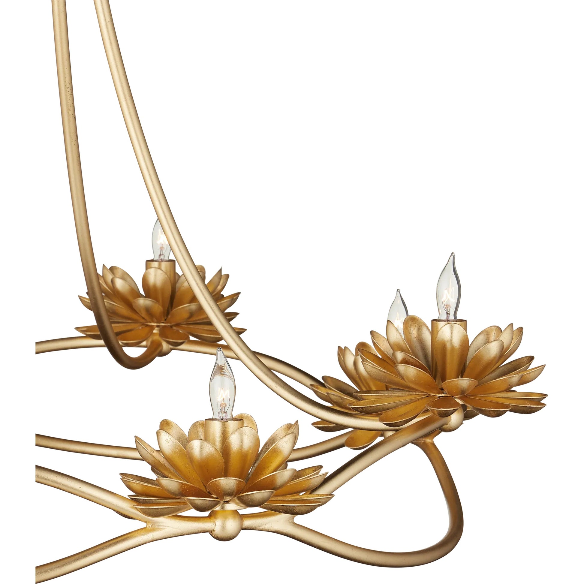 Cyrene Chandelier by Currey and Company in gold leaf. Made from wrought iron in a modern style.