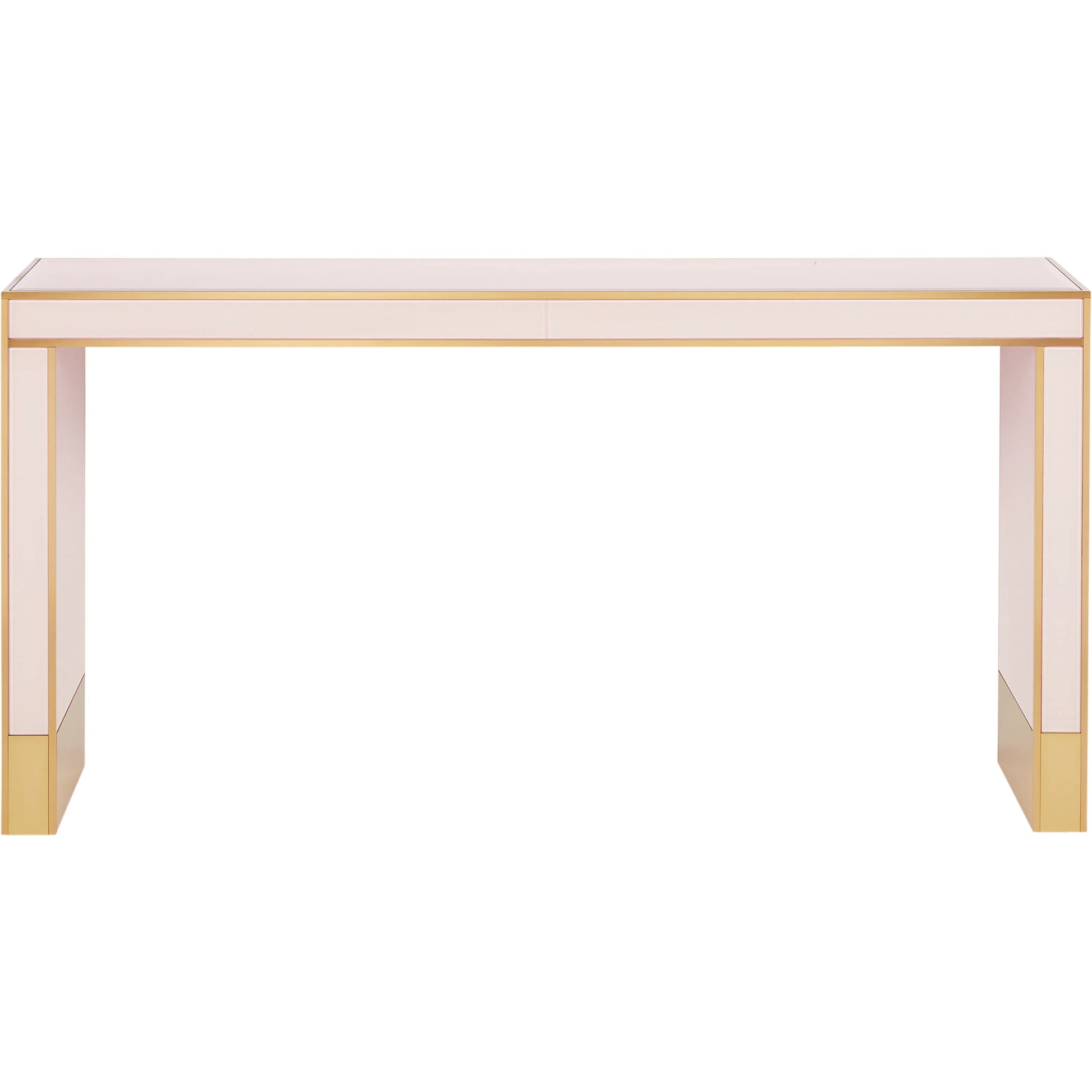 Arden Console Table by Currey and Company in ivory, satin brass. Made from reverse painted glass, brass, solid hardwood in a modern style.