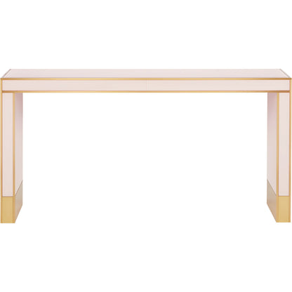 Arden Console Table by Currey and Company in ivory, satin brass. Made from reverse painted glass, brass, solid hardwood in a modern style.