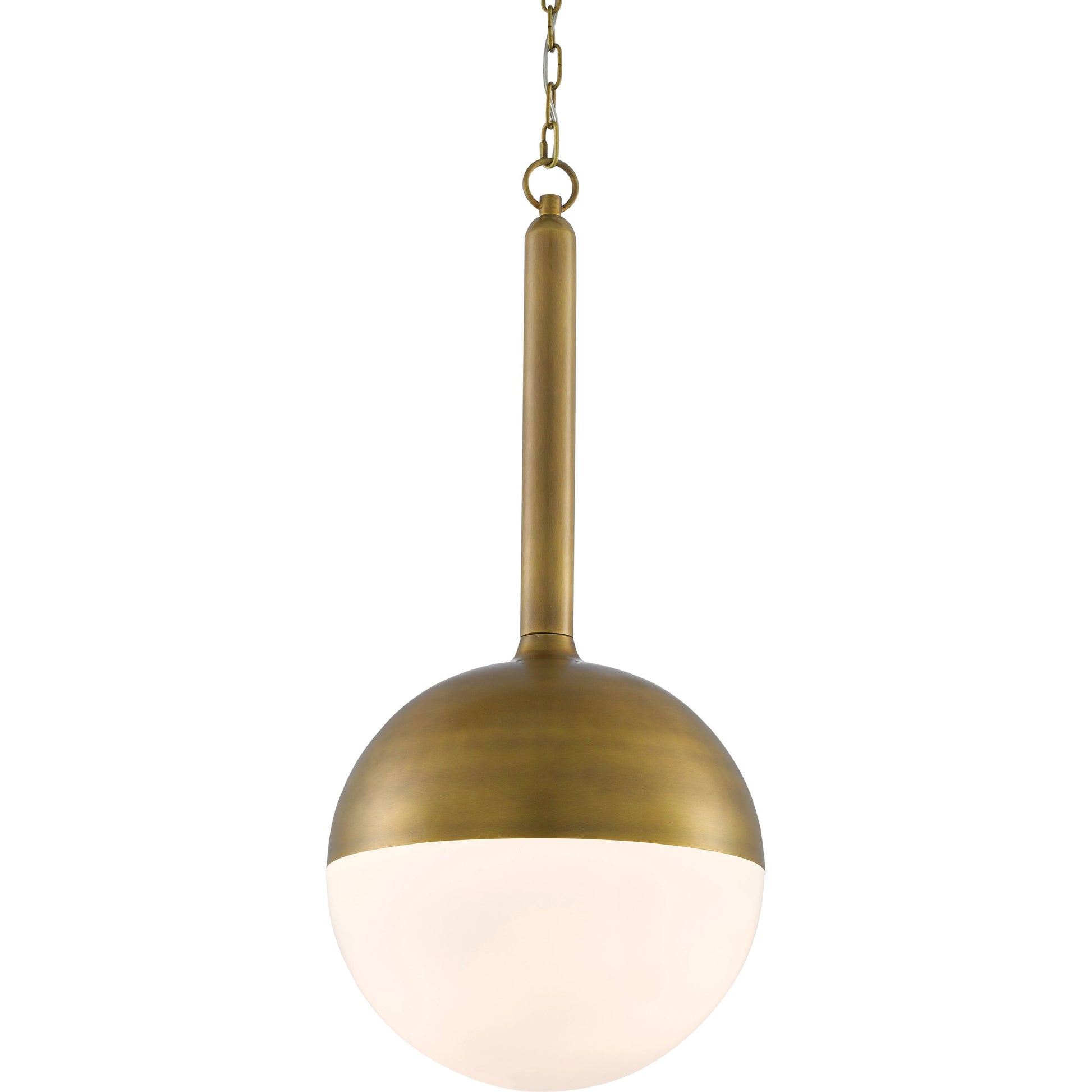 Moonward Pendant by Currey and Company in antique brass, opaque white. Made from metal, glass in a modern style.