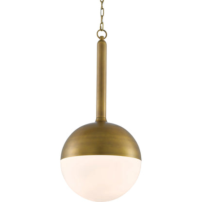 Moonward Pendant by Currey and Company in antique brass, opaque white. Made from metal, glass in a modern style.
