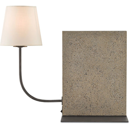 Oldknow Bookcase Lamp by Currey and Company in polished concrete, aged steel. Made from concrete, wrought iron in a modern style.