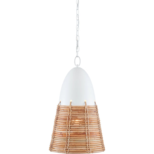 Arundo Pendant by Currey and Company in gesso white, natural rattan. Made from wrought iron, rattan in a coastal style.