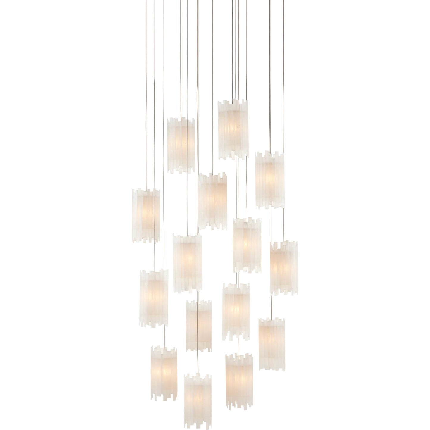 003 SI-1894296 | Additional Silo | Escenia Round 15-Light Multi-Drop Pendant by Currey and Company in natural selenite, silver. Made from selenite, frosted glass in a transitional style.