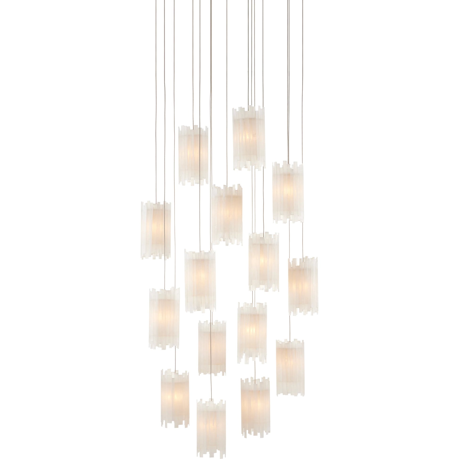 Escenia Round 15-Light Multi-Drop Pendant by Currey and Company in natural selenite, silver. Made from selenite, frosted glass in a transitional style.