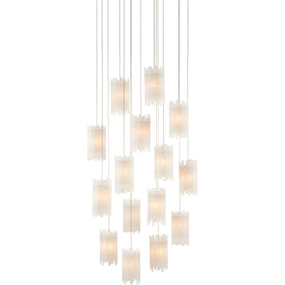 Escenia Round 15-Light Multi-Drop Pendant by Currey and Company in natural selenite, silver. Made from selenite, frosted glass in a transitional style.