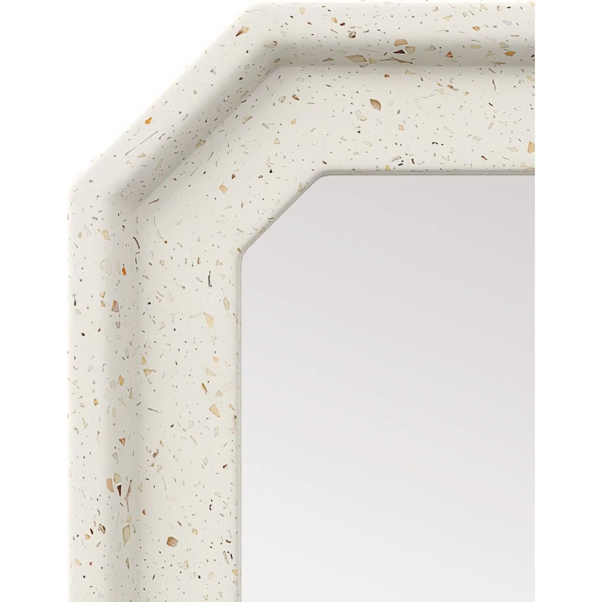 Carson Mirror by Currey and Company in ivory terrazzo. Made from fiber concrete, stone, shells, glass in a transitional style.