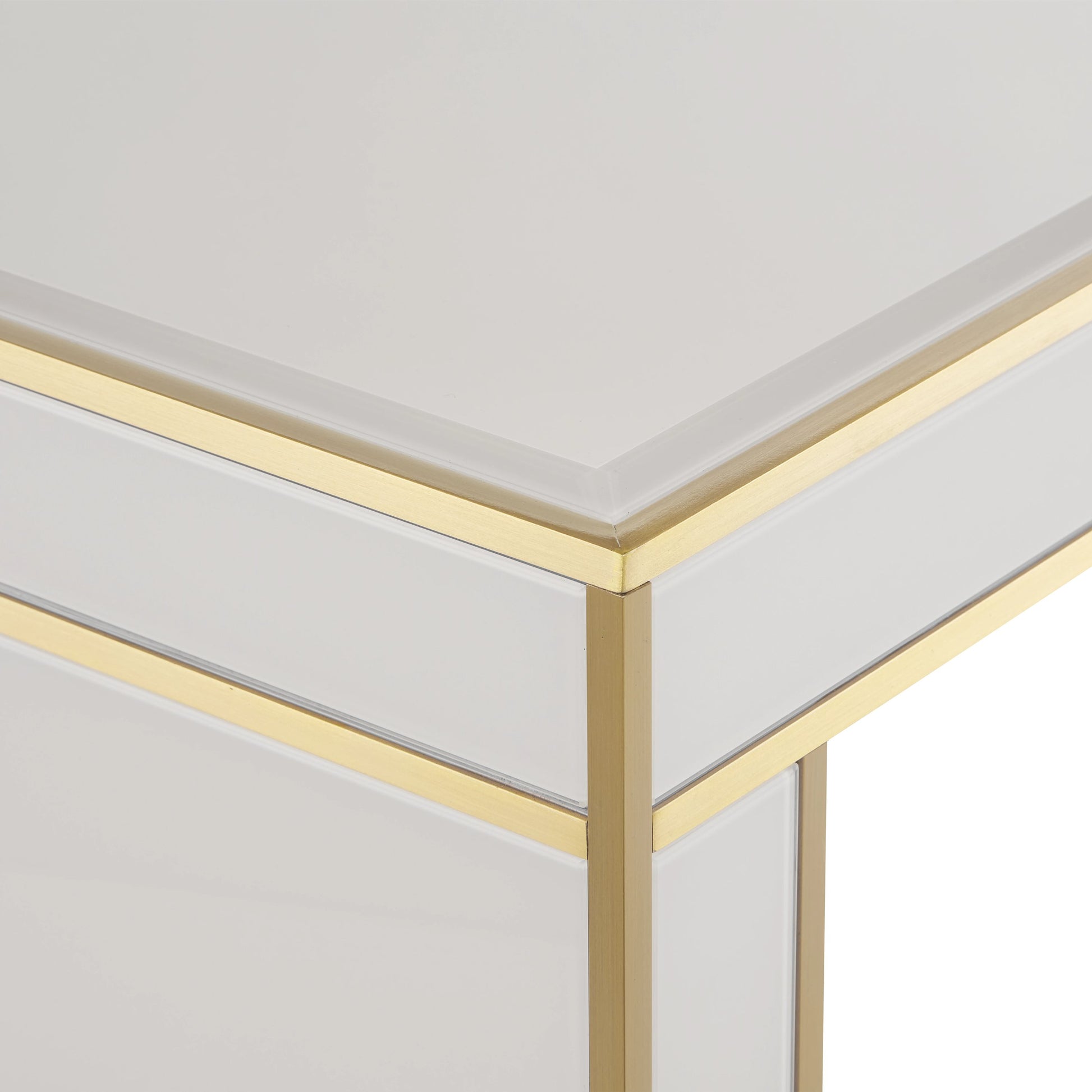 Arden Console Table by Currey and Company in ivory, satin brass. Made from reverse painted glass, brass, solid hardwood in a modern style.
